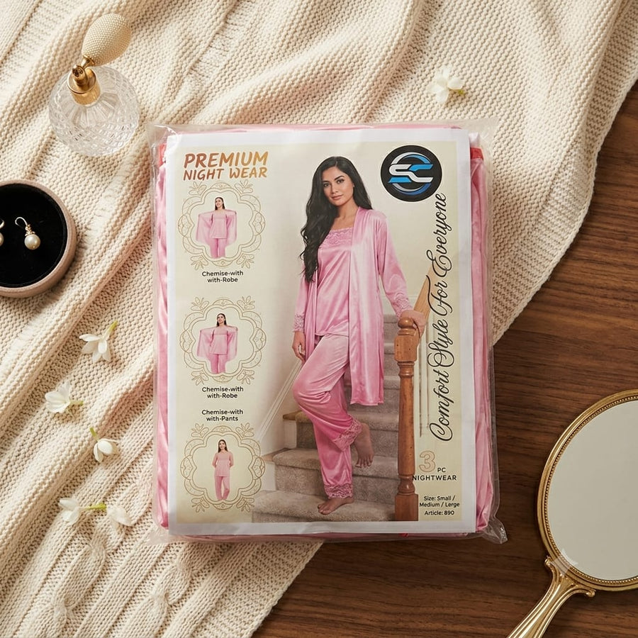 Premium Nightwear Dress - 3 Piece Set - Pink
