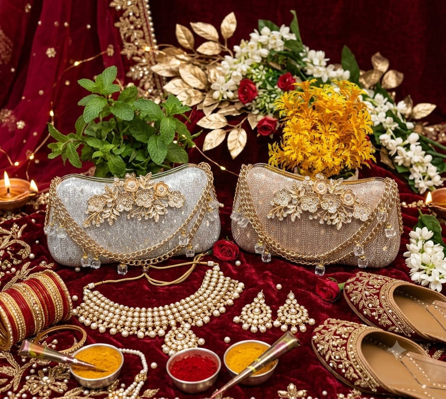 Fancy Bridal Purse - Flower Style, Silver & Golden