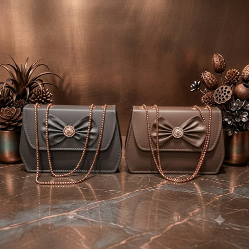 Fancy Handbag - Butterfly Style, Silver Gray & Dark Brown