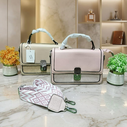 Imported Handbag - Buckle Style, Off-White & Light Pink