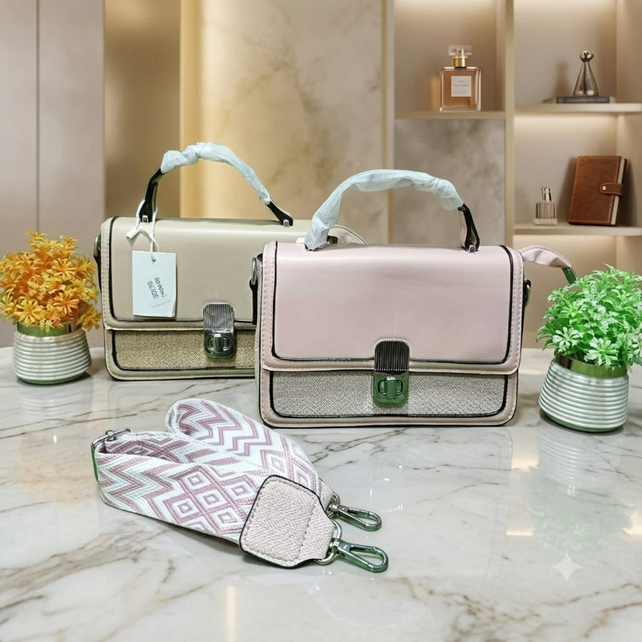 Imported Handbag - Buckle Style, Off-White & Light Pink