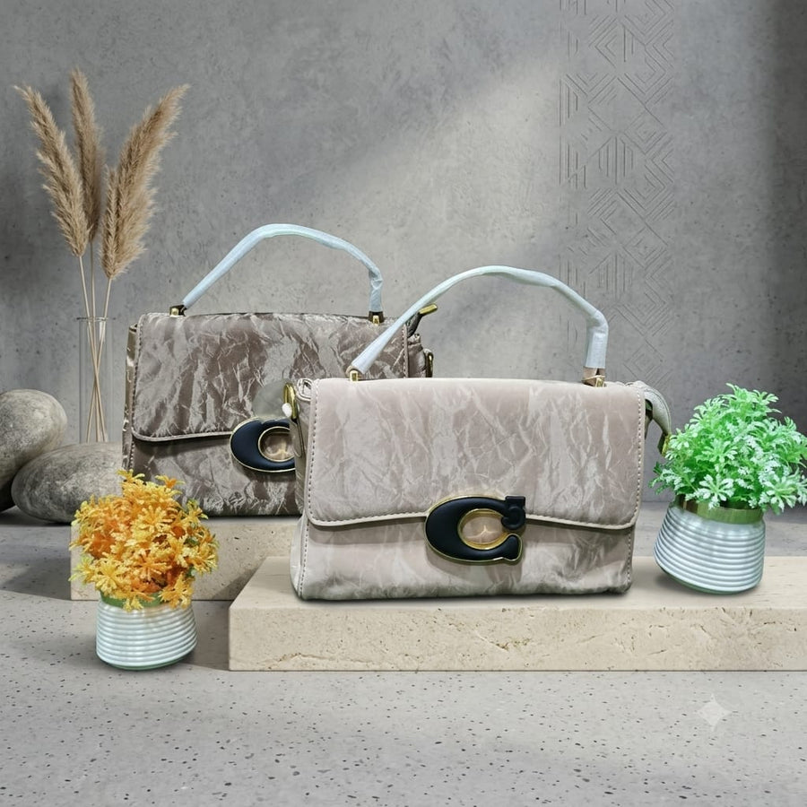 Velvet Purse - Imported, C-Buckle, Gray & Off-White