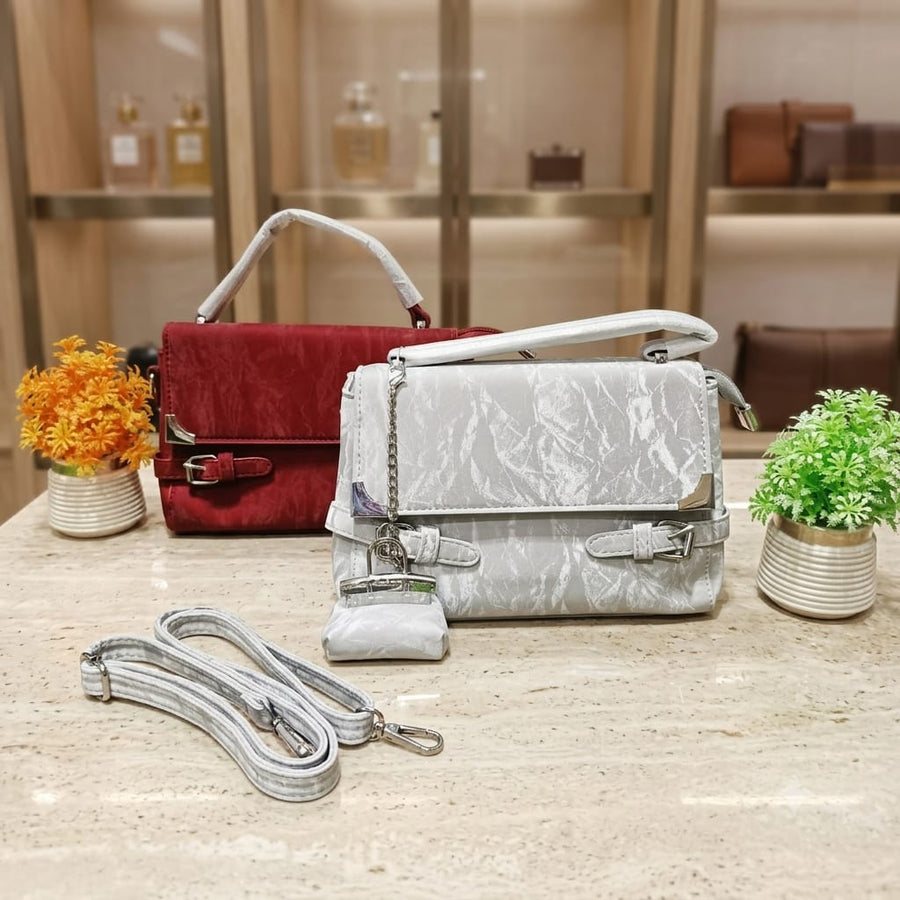 Velvet Handbag & Mini Purse - Maroon & Gray White
