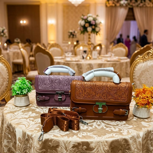 Imported Handbag - Lock Style, Purple & Copper