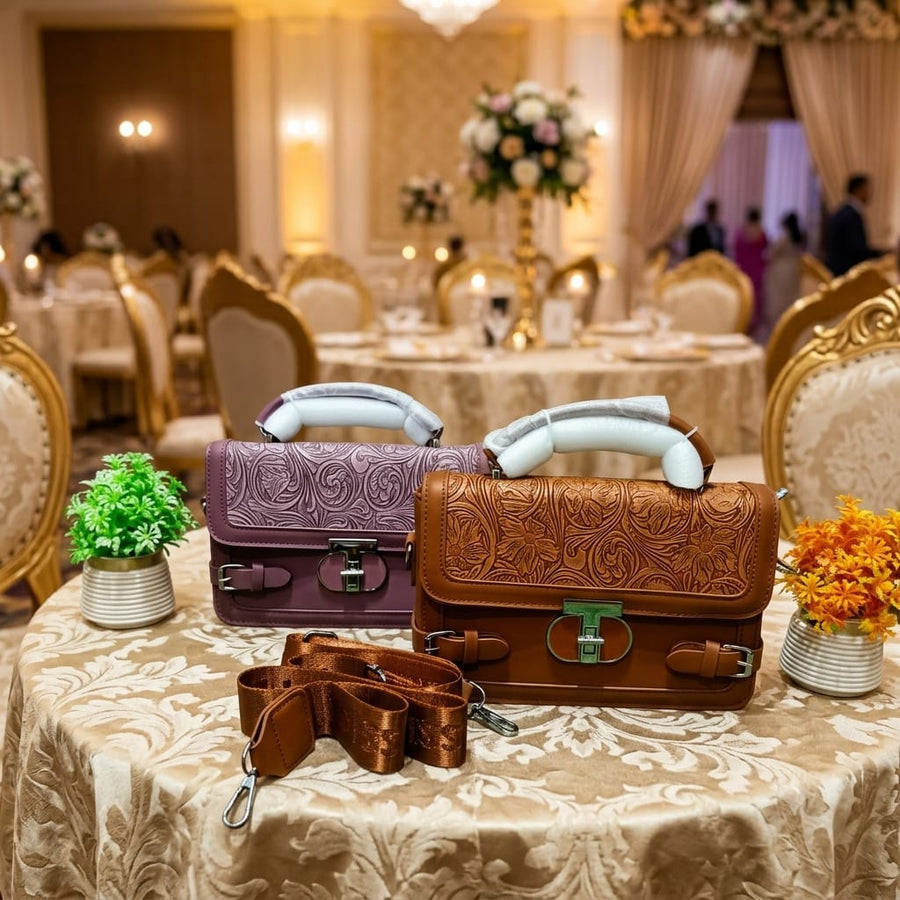 Imported Handbag - Lock Style, Purple & Copper