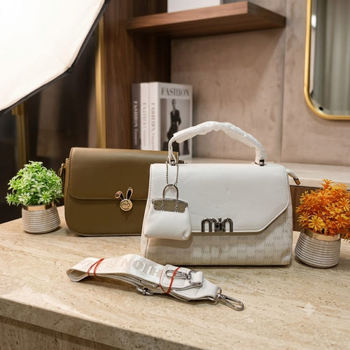 Fancy Handbag & Mini Purse - Dark Brown & White
