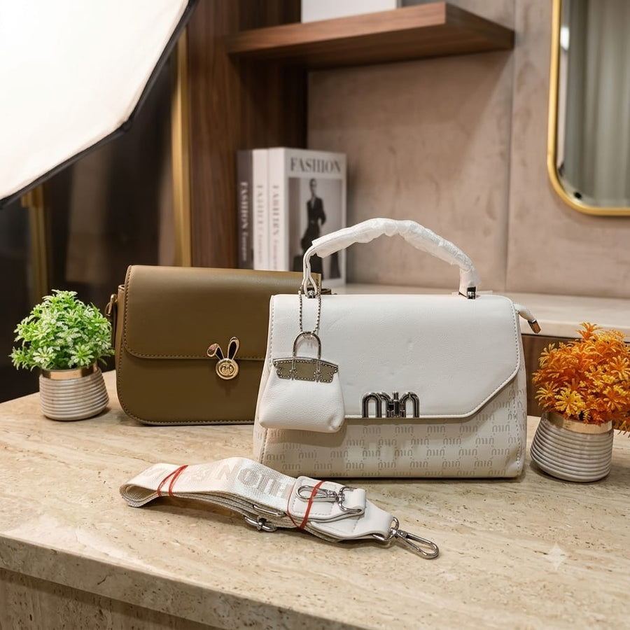Fancy Handbag & Mini Purse - Dark Brown & White